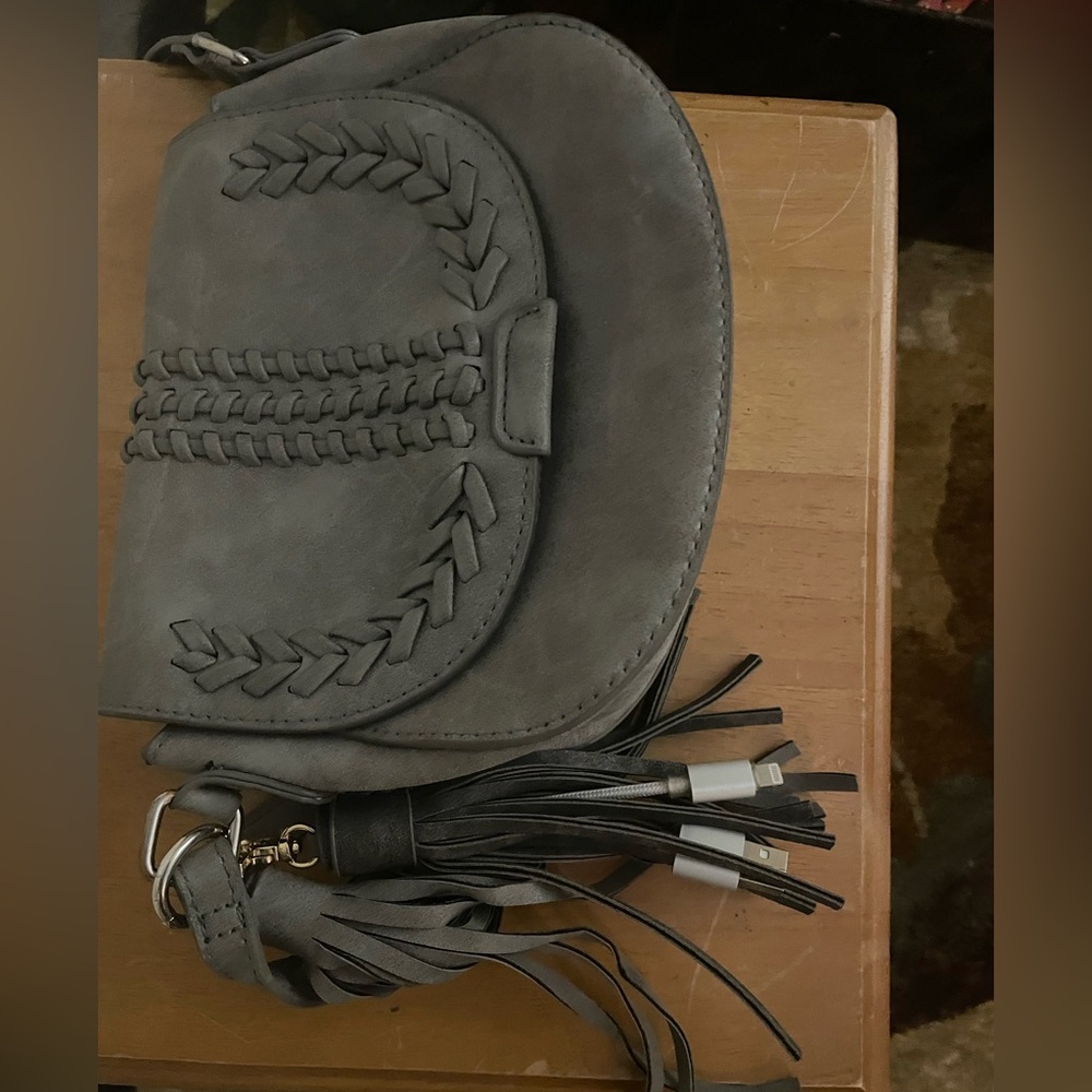 Gray Crossbody Bag with Tassels